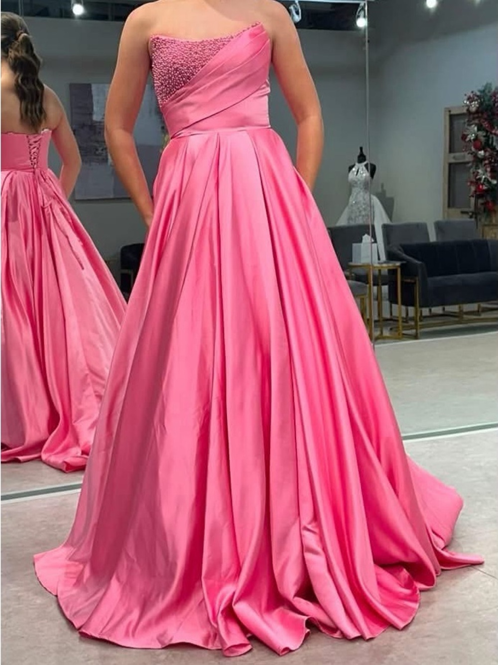 Elegant Strapless Pink Ball Gown with Beaded Bodice